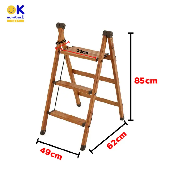 บันได stairs บันไดไม้ บันไดทางเดียว พับเก็บได้  บันไดลายไม้ 3 ขั้น บันไดพับได้ ฐานบันไดมียางรองกันลื่น รูปที่ 4